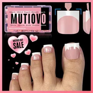 MUTIOVO French Tip Toe Nail Tips Press on, Sharp Square Pre-Designed Soft Gel False Toenail Extension, BABY PINK Pre-applied Tip Primer & Base Coat, Full Cover Acrylic for DIY x 15 Sizes 240 pcs
