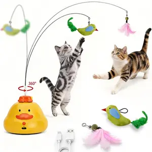 Little Duckling  Interactive cat toys for indoor cats—automatic feather toy that flutters like a bird, USB-rechargeable electric cat teaser with a suction cup base, 360° rotating cat toy, and smart, sensor-activated self-play puzzle toys