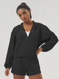Women's Solid Color Zip Up Hooded Sweatshirt & Drawstring Waist Shorts Sports Sweat Set, Casual Long Sleeve Zip Front Outerwear & Shorts, Ladies Sportswear for Indoor Outdoor Wear, Workout Sets