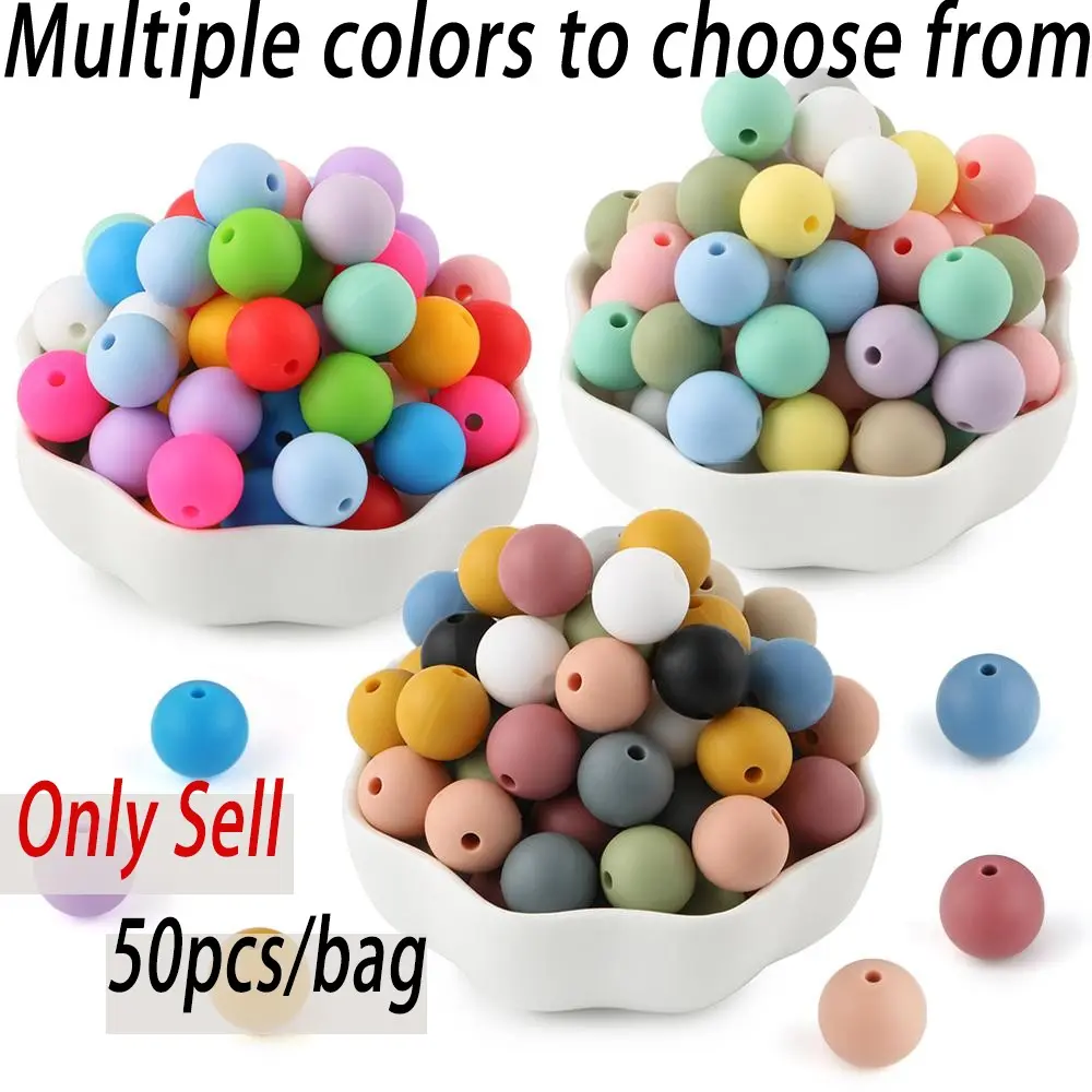 Silicone Beads Kit, 50 pcs Set of 15 mm Silicone Beads, Bead Assortment and DIY Beading and Jewelry Making Supplies for Keychains, Necklaces and Jewelry Crafts