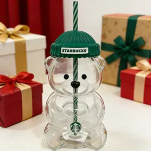 Bearista Glass Straw Cup Teddy Bear Design,Premium glass cup with green bean shaped lid, perfect for coffee, beer, juice, wine, and cocktails