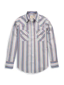 Women's Cowboygirl Ecru & Cowboy Blue Stripe Granddaddy Snap Shirt Fit Pocket