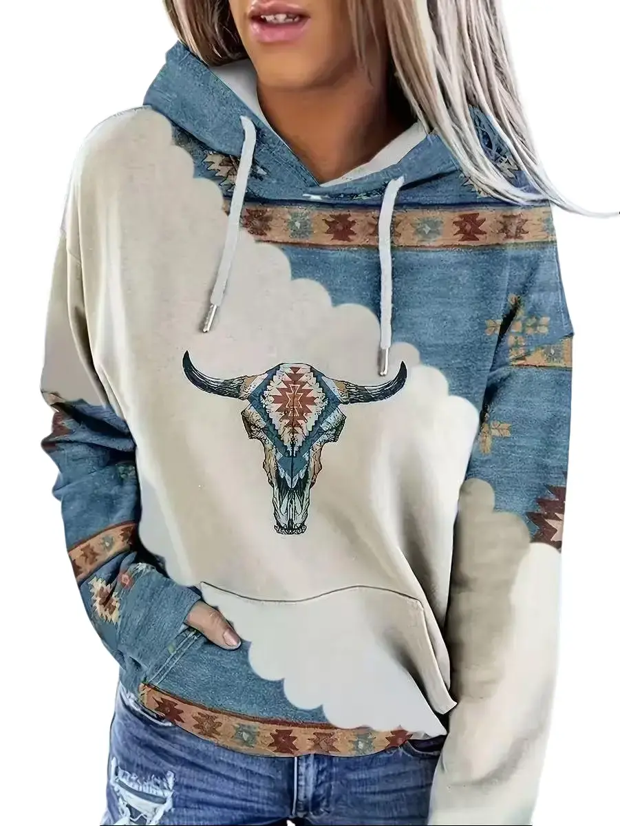 [Bohemian Hoodie] Women's Winter Hoodies Western Ethnic Hoodies,Highland Bull Head Print Pullover Hoodies Sweatshirts,Long Sleeve, Round Neck, Versatile Outerwear Top, Comfortable Casual Attire