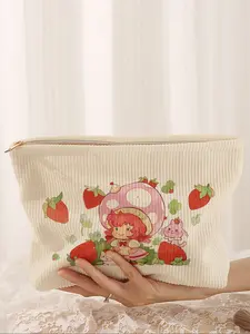 Strawberry Print Makeup Bag, Cute Cartoon Style, Lightweight Multi-Functional Fashion Casual Cosmetic Pouch, Travel Organizer