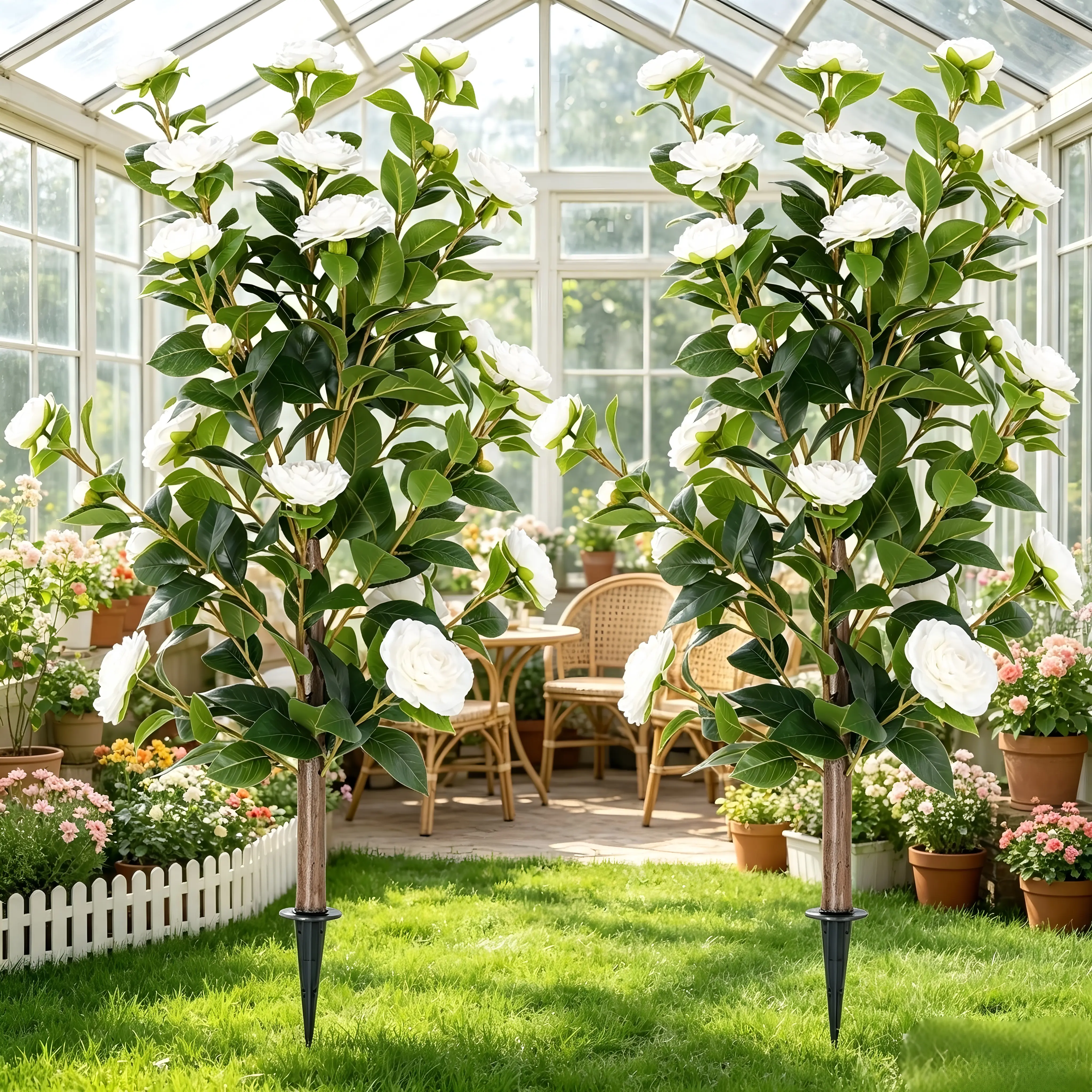D L D 2 Pack 36 Inch Artificial White Camellia Shrubs, UV Resistant Faux Camellia Flowers with Ground Spike, Weather Resistant Silk Flower Stems for Outdoor Patio, Garden, Cemetery, Wedding Decor, Housewarming Gift