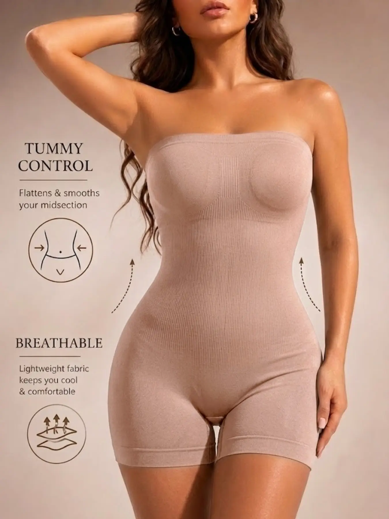 1 Count Women's Solid Color Strapless Seamless Full Body Shaper, Compression No Underwire, High Stretch Sculpting Bodysuit, Comfortable Breathable Fabric Shapewear, Tummy Control & Butt Lifting Jumpsuit, Perfect For Under Dresses, Daily Wear