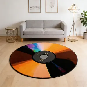 Round Vintage Vinyl Print Rug, Modern Luxury Plush Carpet for Living Room Bedroom, Easy Clean Washable Home Decor Mat, Contemporary Rugs