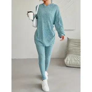 Matching Textured Two-Piece Set, Casual Long Sleeve Hoodie and Skinny Pants Set, Women's Clothing Loungewear Pajamas Nightwear Womenswear