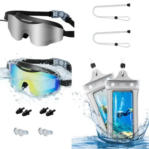 Adults' Silicone Waterproof Swimming Goggles & Swimming Accessories Kit - Anti-Fog, Full-Coverage, 3-Color UV Lens, HD Wide-View, Eye-Friendly, Leakproof, Waterproof Bag, Earplugs, Nose Clips, for Pool/Beach