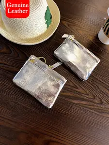 Real Leather Silver Coin Purse for Women | Zipper Pouch Fashionable Card Holder Mini Wallet Money Bag, Glossy Card Bag, Genuine Leather Wallets, Gift For Women Mom
