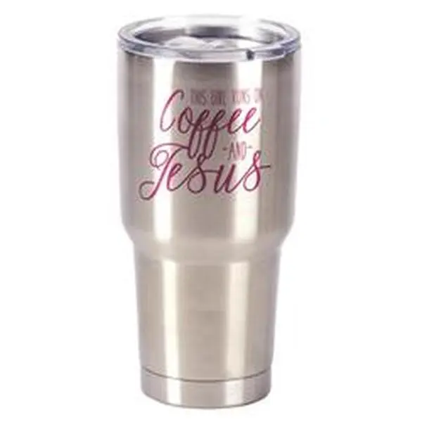 Dicksons SSTUM-11 8 x 4 in. 30 oz Stainless Steel Tumbler with Lid - This Girl Runs on Coffee & Jesus