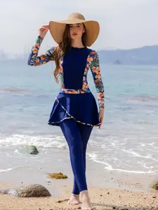 Women's Tropical Print Long Sleeve One-piece Swimsuit, Casual Sun Protection Swimwear for Beach Holiday Vacation, Ladies Swimsuit for All Seasons, Full Coverage Swimsuits, Modest Swimming Wear