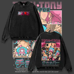 Retro Limited Tony Tony Chopper One Piece Vintage Unisex Oversized Anime Graphic Sweatshirt Trendy Y2K Acid Washed Double Printed Cotton Hoodie Streetwear Casual Apparel Top Outfits for Men Manga Game Movie Lover Gift For Fans Merch