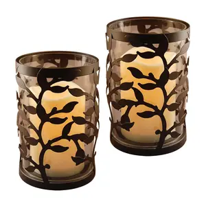 LumaBase 2 Round Vine Metal Lanterns with Flameless Candles