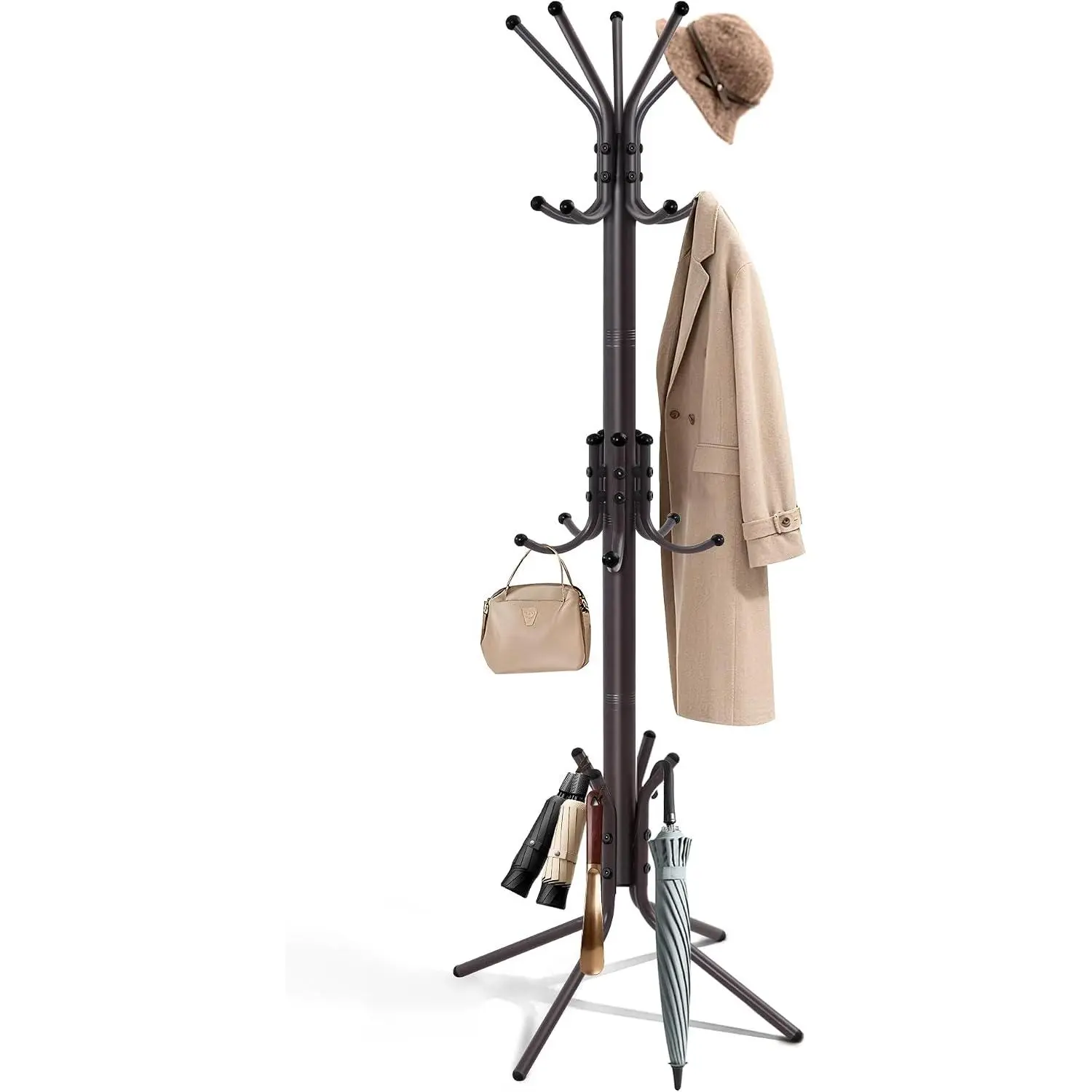 Coat Rack, Coat Tree & Hall Tree with 15, Sturdy Coat Rack Stand and Hat Rack, Coat Hanger for Entryway, Bedroom, Office for Jackets, Hats, Bags,Brown