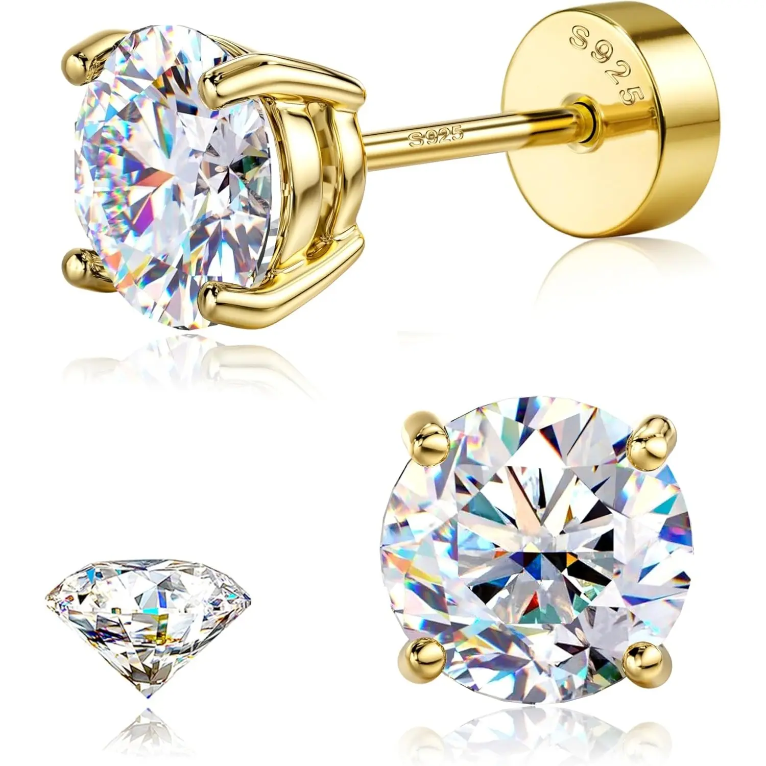 GEMQUEEN Moissanite Stud Earrings 2-7.5mm D Color VVS1 | S925 Silver 14K Gold Plated Flat Back Hypoallergenic Earrings for Cartilage, Helix, Tragus & Lobe DealsForYouDays
