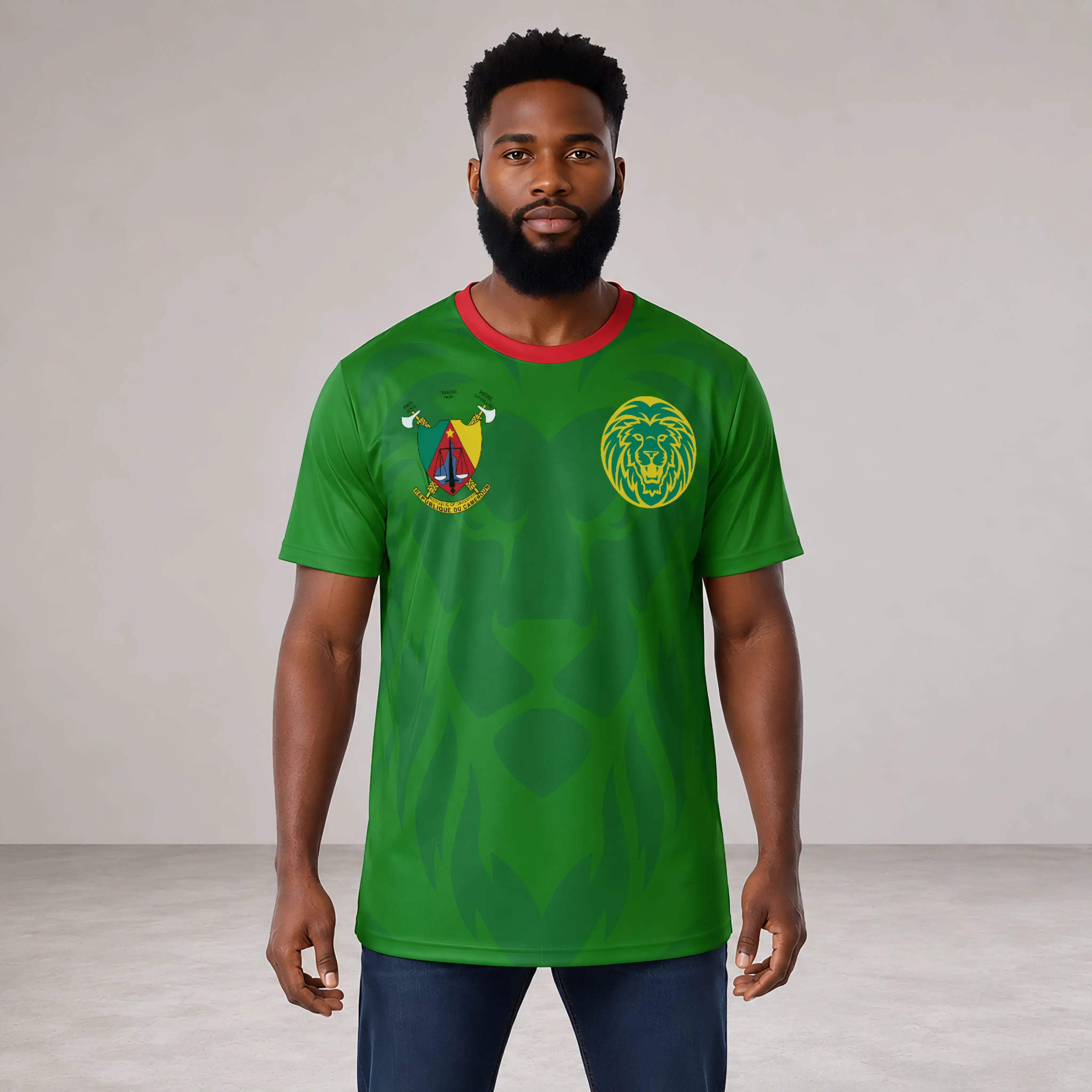 Men's Elegant Short-Sleeve Cameroon Soccer Jersey T-Shirt - 100% Polyester Mesh Eyebird Fabric, Breathable Sporty Chic Football Fashion Top, Classic Fit Athletic Casual Unisex Tee, Cold Wash, Do Not Dry Clean, Avoid Bleaching