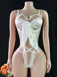 Bridal Style White Satin Bodysuit with Floral Lace and Bow,women's clothing,women's plus size clothing,whimsy clothing,summer tops,pyjamas for women,lenceria sexi mujer,lace bra  curvy dormir elegante sexy