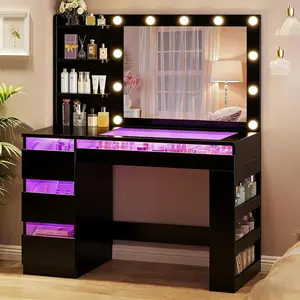 Vanity Desk with Lighted Mirror & Transparent Top, Makeup Vanity Desk with 4 Transparent Drawers and RGB Lighting, Built-in Power Outlet, 3-Tier Side Shelves & Storage Organizer for Bedroom