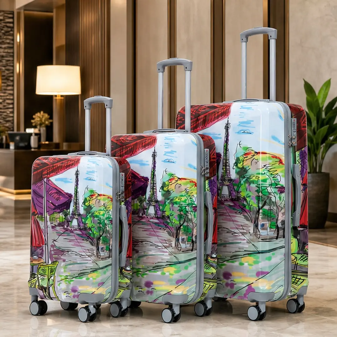 Hardside Spinner Wheel Luggage Set (20/24/28 Inch, 3-Piece PC), Carry On with Combination Lock, Coffee+Iron Tower Print, Lightweight Durable Waterproof Bag for Women Adults Travelers, 11.42w x19.49d x30.31h in, Business/Weekend Trips