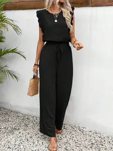 Two-piece women's solid color lace round neck fly sleeve sleeveless top   high-waisted straight-leg drawstring loose wide-leg thin set, suitable for summer, suitable for office commuting, leisure at home, gatherings and other occasions Casual