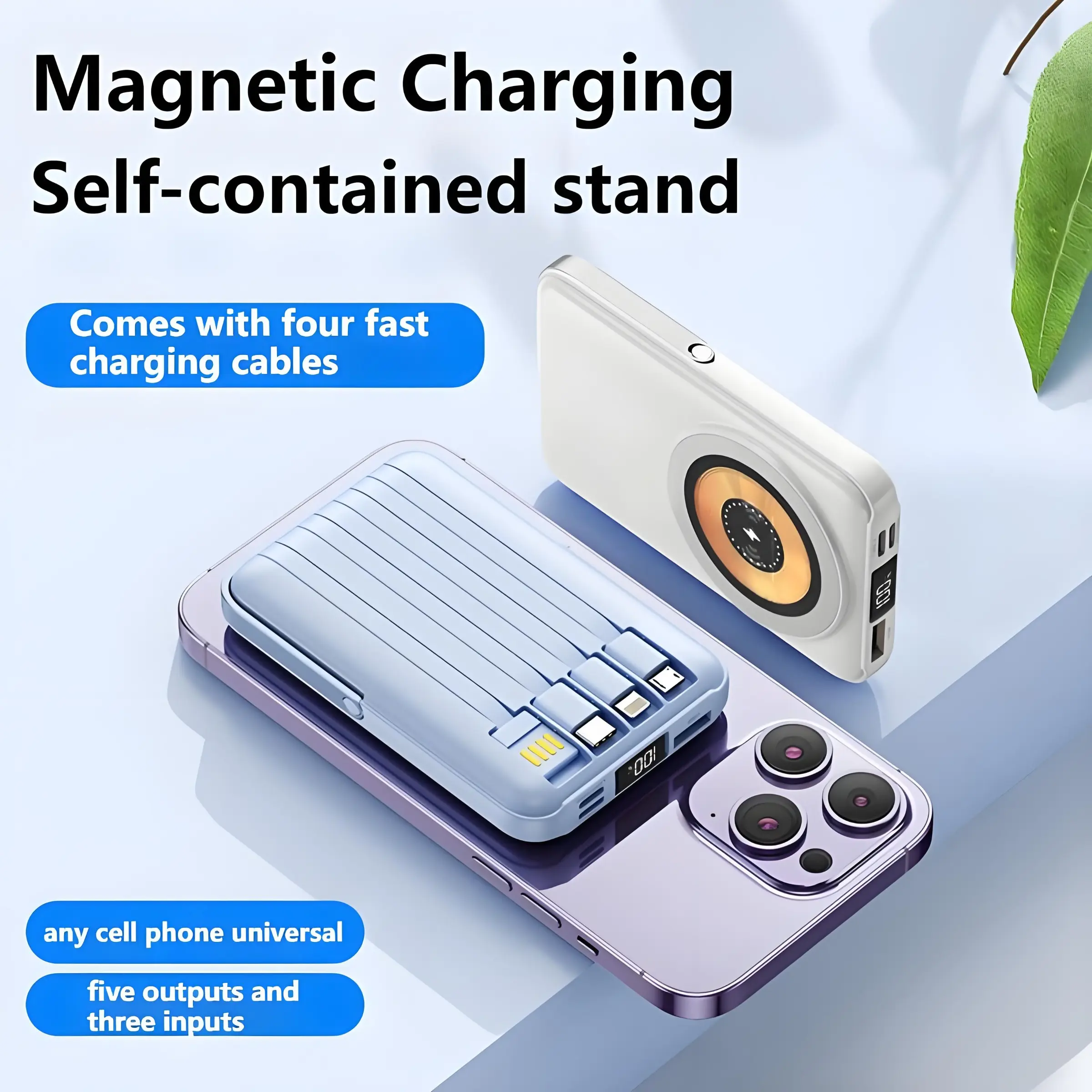 10000mAh Wireless Magnetic Power Bank, Fast Charging Power Bank with 4 Cables, External Battery Charger for Apple & Samsung, Power Bank Type, Phone Accessories, Mobile Power Supply, Phone Battery Pack