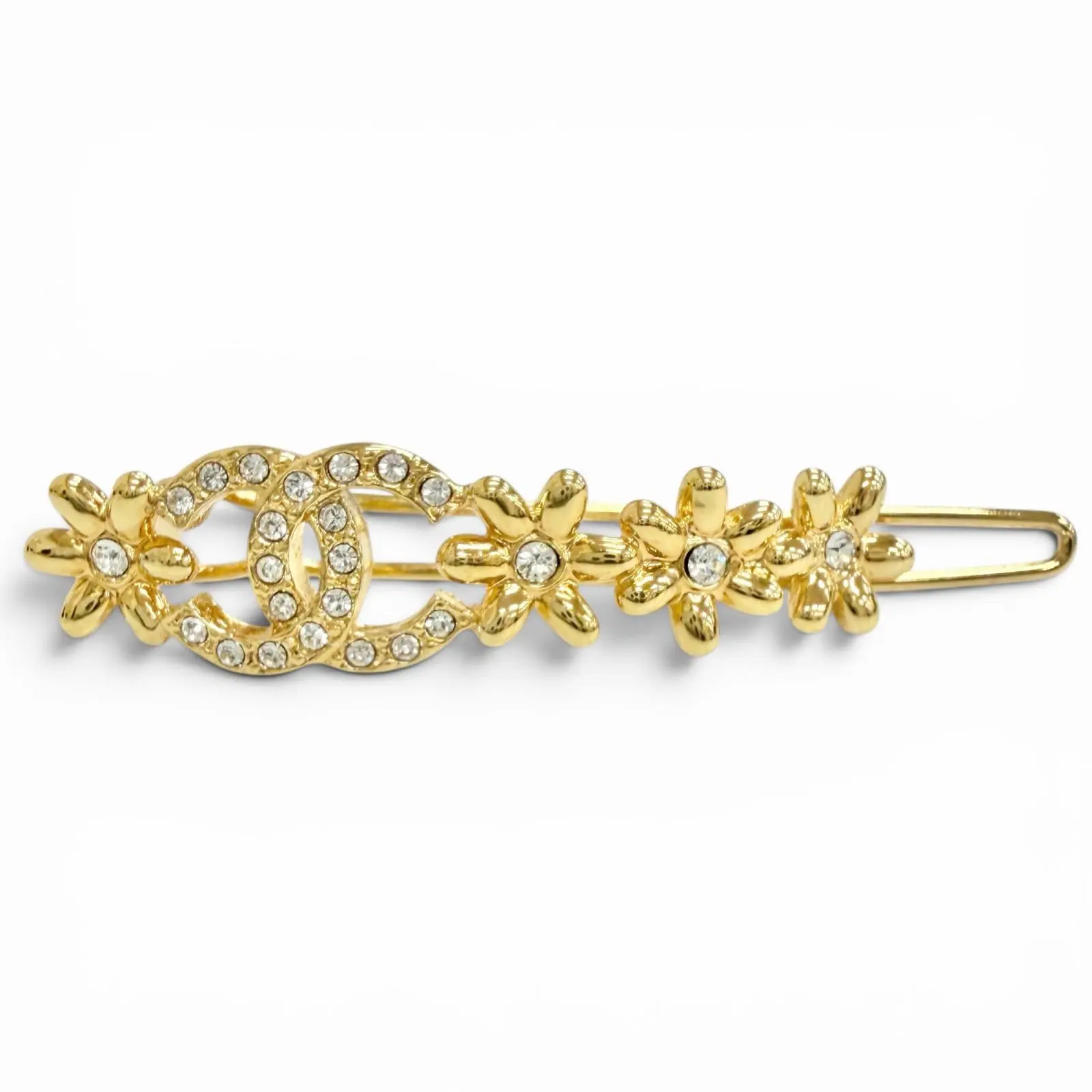 Pre-owned CHANEL Gold-plated Small Leather Goods Coco Mark Flower Rhinestone Barrette