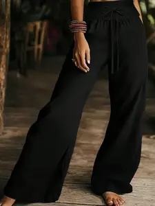 Women's Plus Size Wide Leg Pants, High Waist Tie Design with Pockets, Casual Fashion for Daily Wear at Home and Outdoors, Womenswear