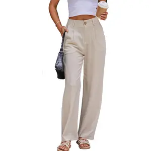Women'S Linen Casual High Waist Wide Leg Straight Dress Cotton Linen Pants Button Trousers