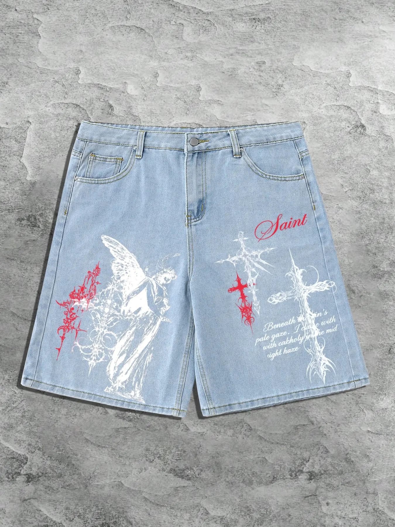 Men's Summer Gothic Angel Cross Aesthetic Fashion Casual Denim Shorts, Loose Fit Printed Denim Jeans with Saint Graphic Print, Dark College Streetwear for Daily Casual Wear