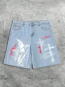 Men's Summer Gothic Angel Cross Denim Shorts, Loose Fit Jeans with Saint Graphic Print, Dark College Streetwear for Daily Casual Wear