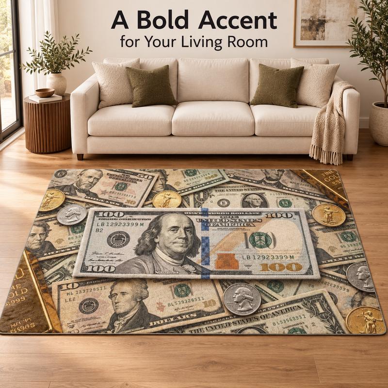 Money Dollar Bill Print Velvet Area Rug, Non Slip Rectangular Floor Mat, Vintage US Banknote Coin Pattern Rug for Living Room Bedroom Game Room Decor