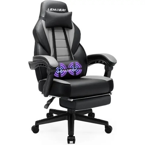 PUKAMI High-Back PU Leather Durable Gaming Office Chair for Adults, 400lb Capacity Big & Tall Racing Chair with 360-Degree Swivel, Adjustable Height, Adjustable Armrest, Footrest, Headrest & Lumbar Support