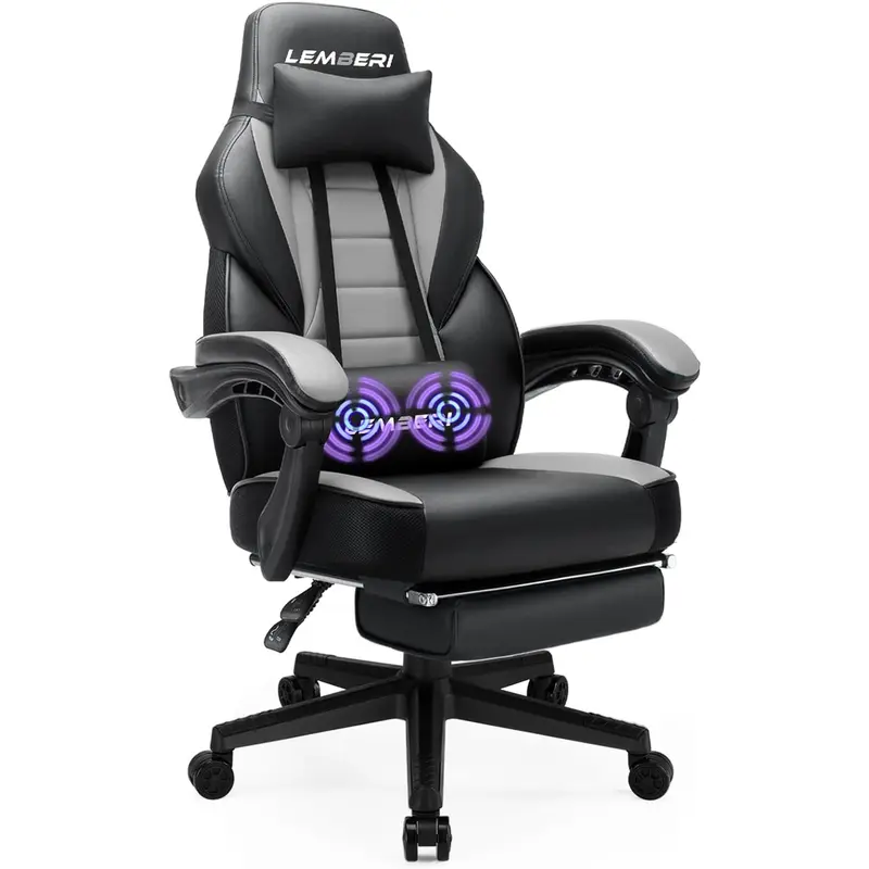 PUKAMI High-Back PU Leather Durable Gaming Office Chair for Adults, 400lb Capacity Big & Tall Racing Chair with 360-Degree Swivel, Adjustable Height, Adjustable Armrest, Footrest, Headrest & Lumbar Support