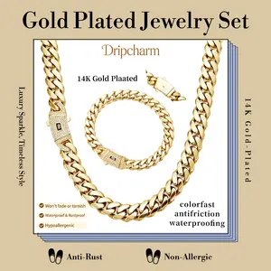 [New Upgraded Set] 14K Gold-Plated Cuban Necklace & Bracelet Set with White Stone Inlay Anti-Rust Waterproof 6mm-14mm Sizes Perfect Gift for All Occasions