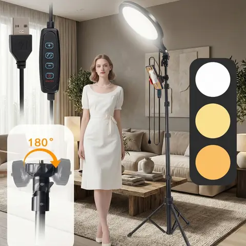 10" Dimmable LED Selfie Ring Light Kit with 17–63" Height Set, Phone Holder, 10–100% Dimming, 2.4–3.74" Phone Fit for Video Recording, Photography Lighting Kit, Led Fill Lights