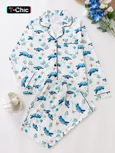 Women's Plaid Sleepwear Set, Fitted Long Sleeve Top & Pants, Spring Fall Season, Elegant Style, All-Over Printed Turtle Design