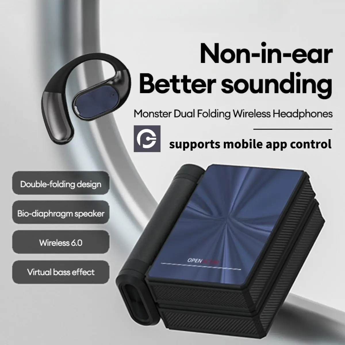 Narshton Wireless Open-Ear Foldable Bluetooth Earbuds - Dual-Foldable Audio Device with Noise Isolating, 300mAh Battery (145hrs Playtime), Bluetooth 6.0, Waterproof, App Control, 45kHz Sound, Gym Use (Compatible with Monster AC530 Charging D)