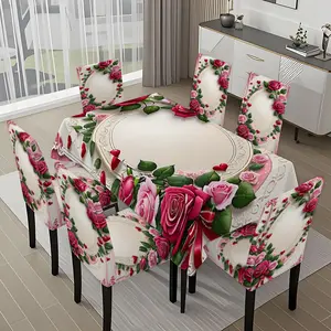 5/7-piece 2D Flat Printing Happy Spring Pink and White Rose Hearts Printing Pattern Tablecloth and Chair Covers Set, for dining table and chair decoration, perfect for home, holiday gatherings, restaurants, and parties.