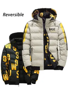 Men's reversible hooded winter jacket with full zipper on both sides, casual style, 100% polyester fiber, suitable for outdoor leisure wear, winter clothing, a must-have for sports enthusiasts Menswear Coats