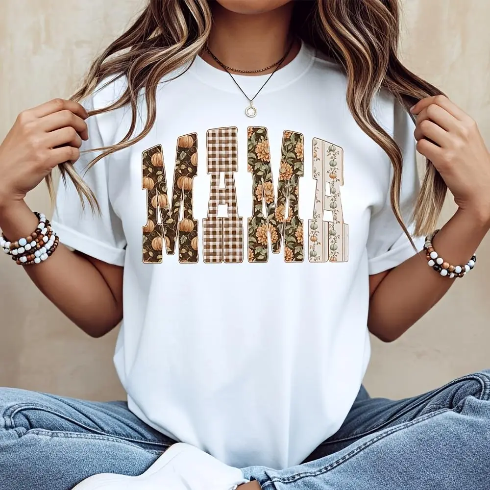 Patchwork Floral And Plaid Mama Print T-Shirt, Autumn Fall Thanksgiving Family Reunion Casual Daily Wear
