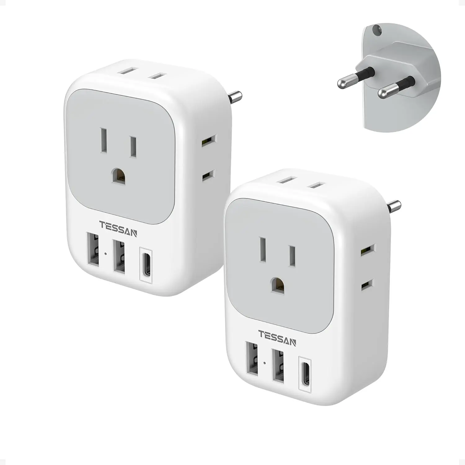 TESSAN European Plug Adapter 2-Pack – US to Europe Travel Adapter with 4 Outlets & 3 USB Ports (USB-C), Type C Power Adapter for EU Travel