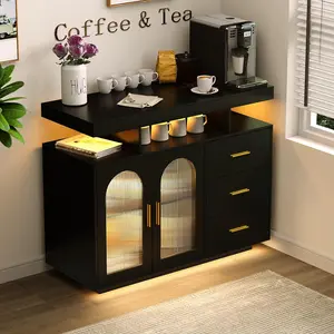 Dystler Buffet Cabinet with Storage, Modern Coffee Bar Table with 3 Drawers and 2 Doors for Kitchen, 20-Color LED Lights Sideboard Buffet Cabinet with Charging Station, Black/White