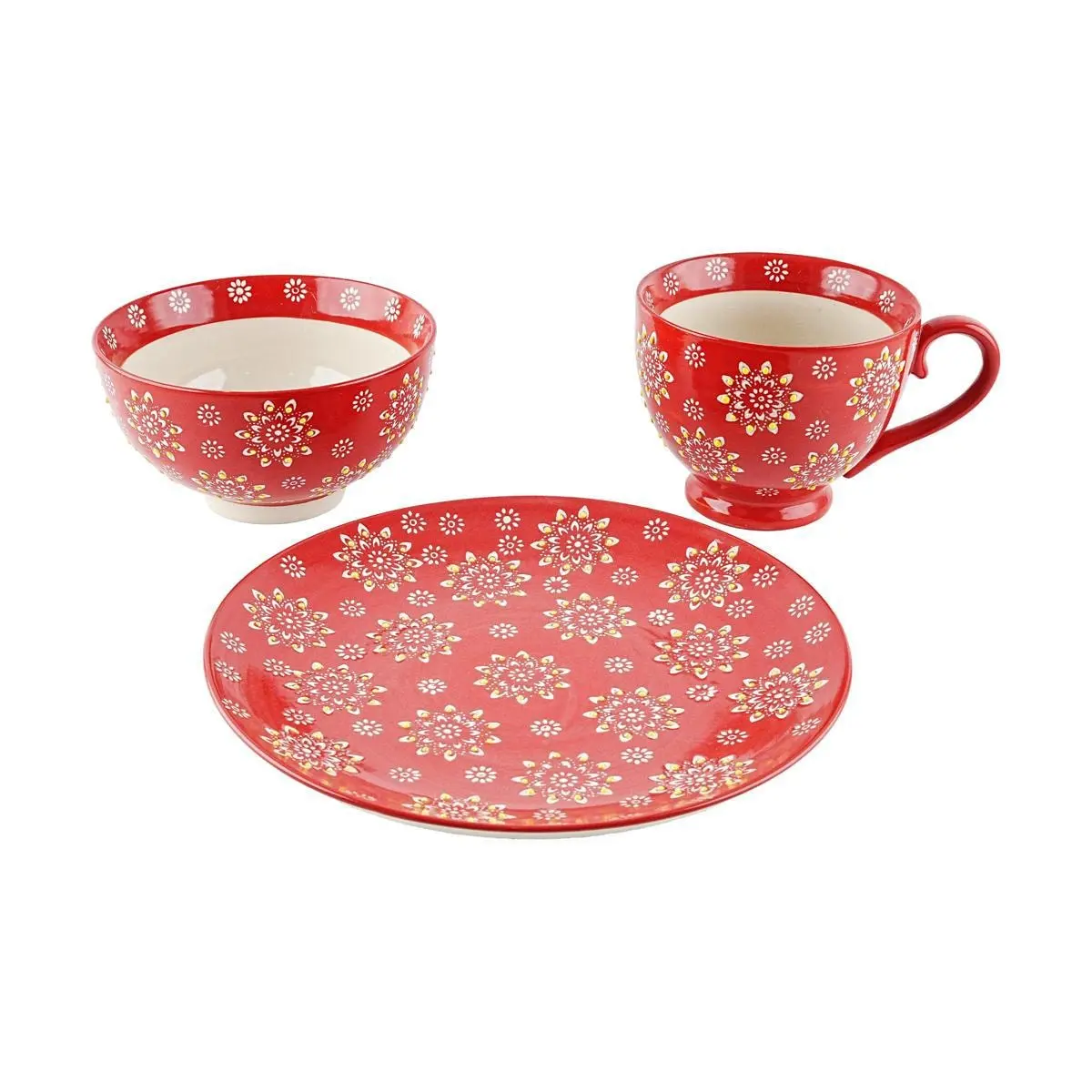 Japanese Ceramic Dinnerware Set - 3-Piece Red Floral Plate, Bowl & Mug Set - Authentic Asian Tableware