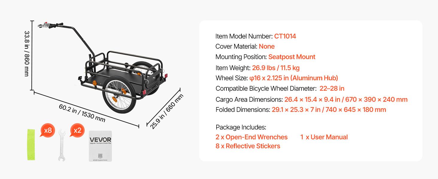 VEVOR Bike Cargo Trailer 88 lbs Load 2-in-1 Pushcart Folding Bicycle Wagon, Heavy-Duty Cart with 16-Inch Wheels, Reflectors, Carbon Steel Frame, Foldable Compact Storage, Fits 22-28 in Bike Wheels VEVOR Bike Cargo Trailer 88 lbs Load 2-in-1 Pushcart Folding Bicycle Wagon, Heavy-Duty Cart with 16-Inch Wheels, Reflectors, Carbon Steel Frame, Foldable Compact Storage, Fits 22-28 in Bike Wheels