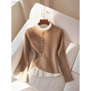 Women's Elegant Beige Sweater - Gold Button Round Neck Pullover, All-Season Machine Washable Top