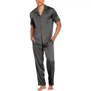 Men's Classic 2-Piece Satin Silk Pyjama Set - Button-Down Sleepwear with Soft Elastic Long Pants, Pockets, Short/Long Sleeve Top, Premium Fabric Day Loungewear, Pyjamas