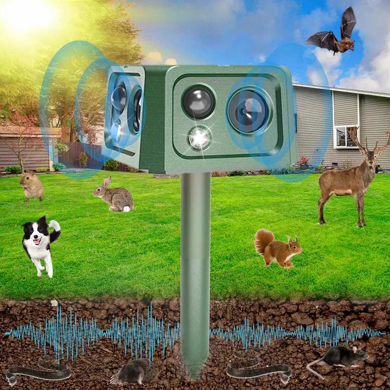 Solar Powered Animal Repellent with Motion Sensor, Ultrasonic Technology, Flashing LED Lights and Alarm Modes, Weather Resistant Outdoor Animal Deterrent for Protecting Yard, Garden, Lawn, Patio and Backyard from Unwanted Animals