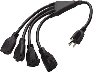 Luxury Office 4 Way Power Splitter - 1 to 4 Extension Cord, Short 1.5' SJT 16 AWG UL Listed Outlet Splitter, Y Style Black Power Strip Outlet