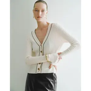 URBAN REVIVO Women's Basic Ribbed Knitting Fabric Cardigan, Spring New Arrival V-Neck Long-Sleeve Skinny-Fit Thin Viscose Blend with Contrast Trim, Casual Multi-Size Women's Top, UWG940030